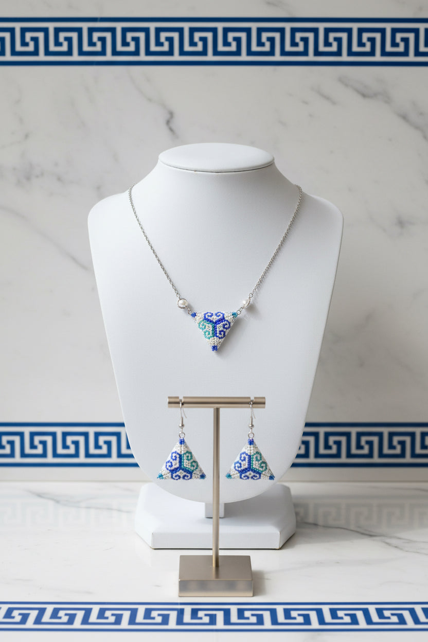 Santorini - Parure bijoux triangle perles tissées – Collier et boucles d’oreilles acier inoxydable inspiration Grèce